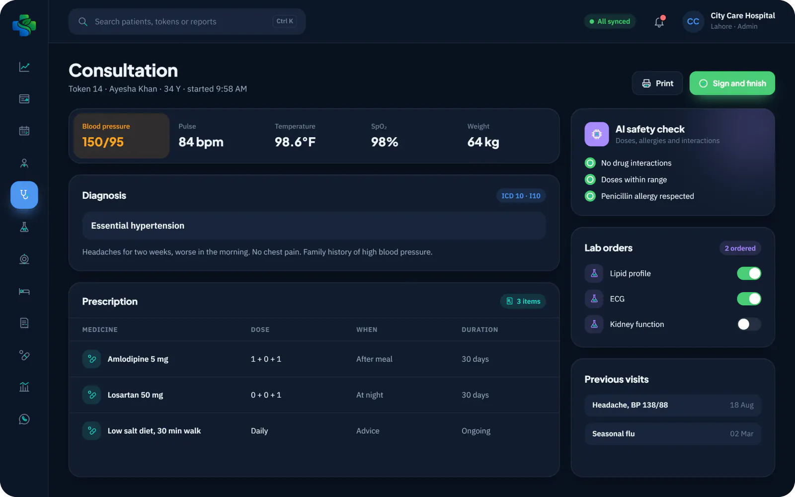 SehatMatrix consultation screen in dark mode